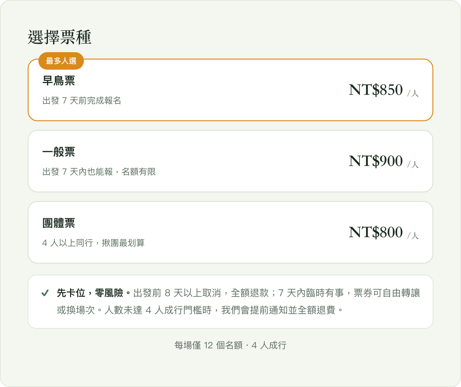 票種：早鳥 850／一般 900／團體 800，先卡位零風險