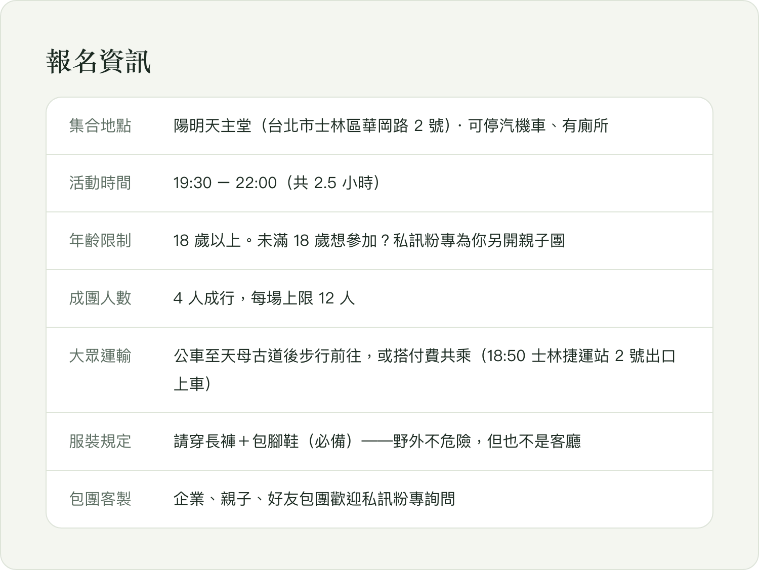 報名資訊：集合地點、時間、年齡限制、成團人數