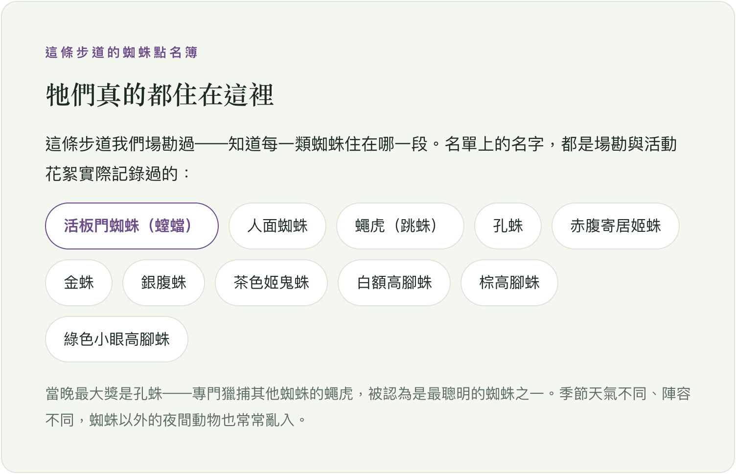 這條步道的蜘蛛點名簿:場勘實際記錄的 11 種蜘蛛