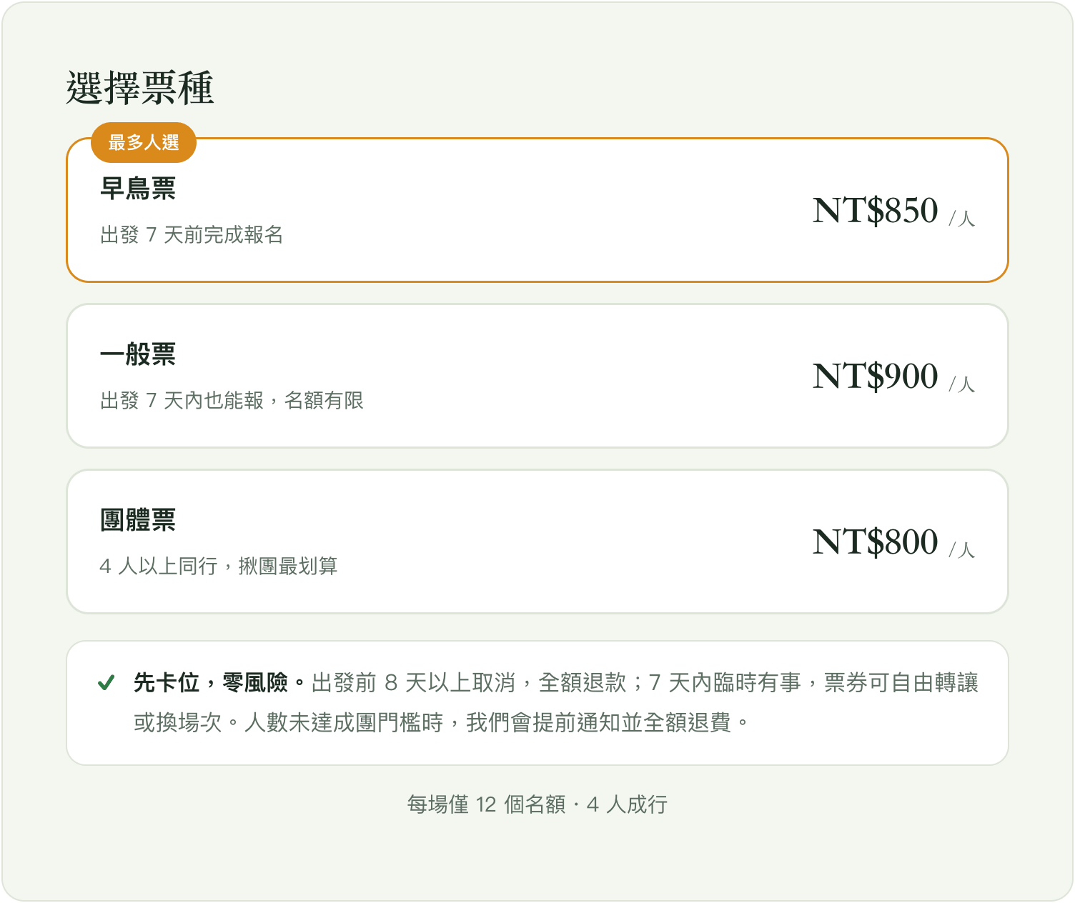 票種：早鳥 850／一般 900／團體 800，先卡位零風險